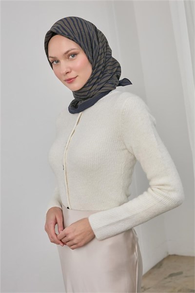 Viskon Velora Eşarp Lacivert Haki Çizgili Hafif Dökümlü 90X90