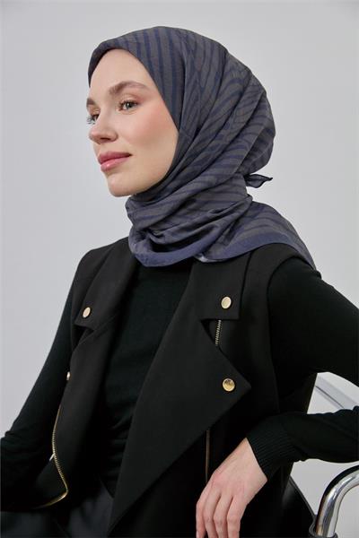 Viskon Velora Eşarp Mavi Gri Bej Gri Çizgili Hafif Dökümlü 90x90