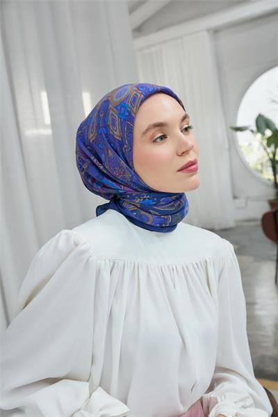 Viskon Velora Eşarp Mor-Sütlü Kahve Desenli Kaymaz Tok Duruşlu 90x90