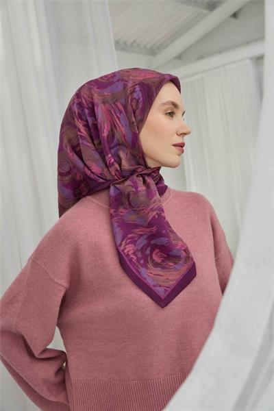 Viskon Velora Eşarp Mor Lila Desenli Yumuşak Dokulu Tok Duruşlu 90x90