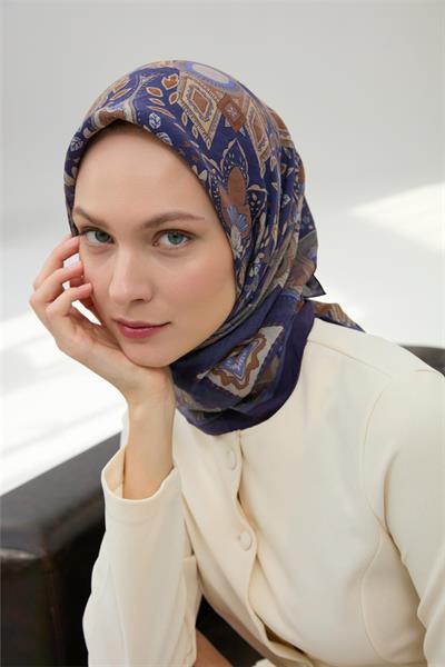 Viskon Velora Eşarp Mor-Taba Desenli Kaymaz Tok Duruşlu 90x90