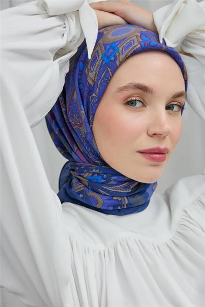 Viskon Velora Eşarp Mor-Sütlü Kahve Desenli Kaymaz Tok Duruşlu 90x90