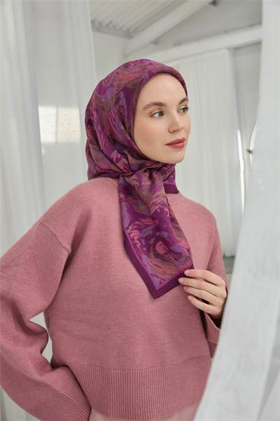 Viskon Velora Eşarp Mor Lila Desenli Yumuşak Dokulu Tok Duruşlu 90x90