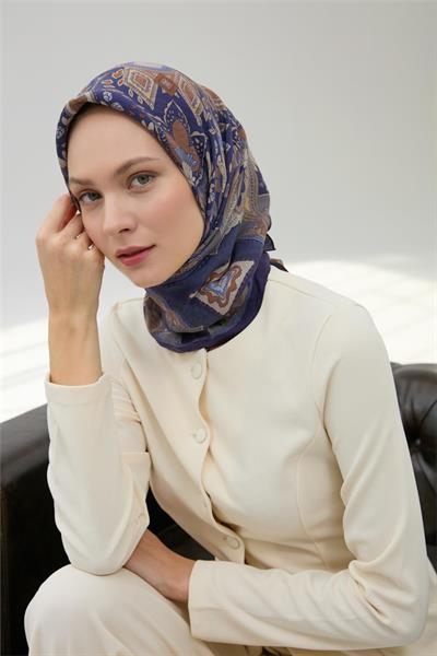 Viskon Velora Eşarp Mor-Taba Desenli Kaymaz Tok Duruşlu 90x90