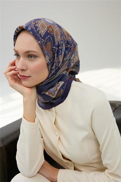 Viskon Velora Eşarp Mor-Taba Desenli Kaymaz Tok Duruşlu 90x90