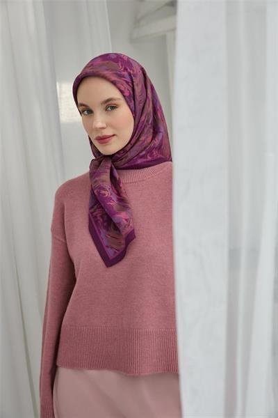 Viskon Velora Eşarp Mor Lila Desenli Yumuşak Dokulu Tok Duruşlu 90x90