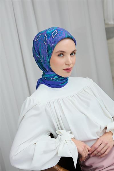 Viskon Velora Eşarp Mor-Turkuaz Desenli Kaymaz Tok Duruşlu 90x90
