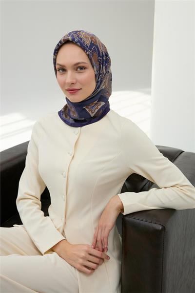 Viskon Velora Eşarp Mor-Taba Desenli Kaymaz Tok Duruşlu 90x90