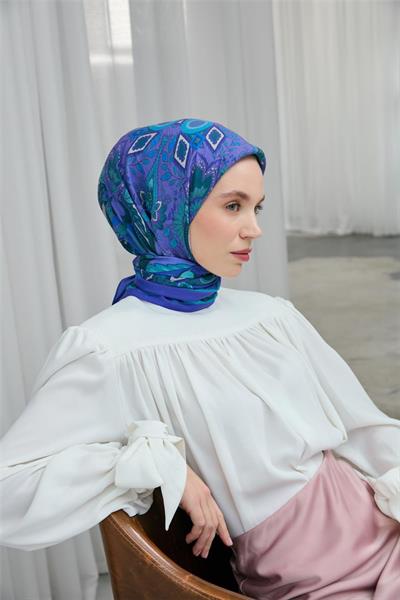 Viskon Velora Eşarp Mor-Turkuaz Desenli Kaymaz Tok Duruşlu 90x90