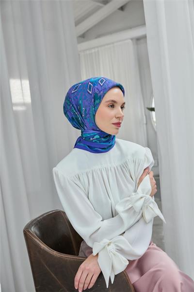 Viskon Velora Eşarp Mor-Turkuaz Desenli Kaymaz Tok Duruşlu 90x90