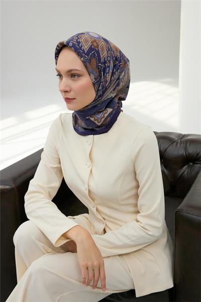 Viskon Velora Eşarp Mor-Taba Desenli Kaymaz Tok Duruşlu 90x90