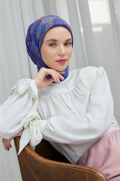 Viskon Velora Eşarp Mor-Sütlü Kahve Desenli Kaymaz Tok Duruşlu 90x90