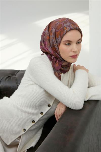 Viskon Velora Eşarp Mürdüm Çok Renkli Desenli Tok Duruşlu 90x90