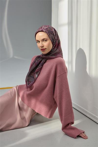 Viskon Velora Eşarp Mürdüm Çok Renkli Desenli Tok Duruşlu 90x90