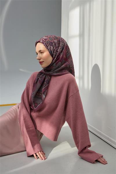 Viskon Velora Eşarp Mürdüm Çok Renkli Desenli Tok Duruşlu 90x90