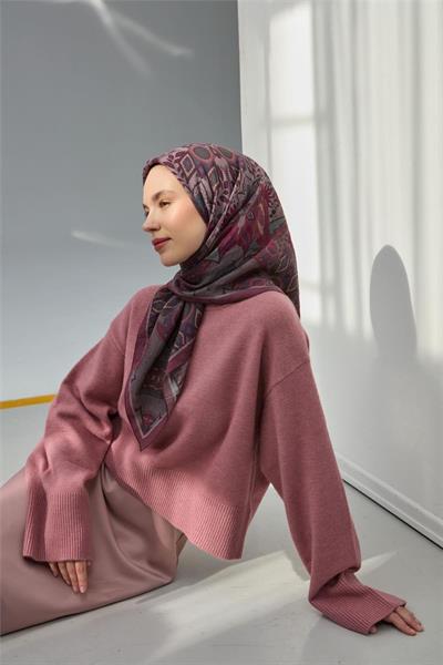 Viskon Velora Eşarp Mürdüm Çok Renkli Desenli Tok Duruşlu 90x90