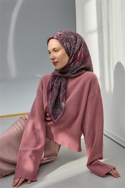 Viskon Velora Eşarp Mürdüm Çok Renkli Desenli Tok Duruşlu 90x90