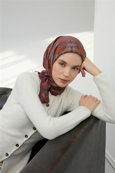 Viskon Velora Eşarp Mürdüm Çok Renkli Desenli Tok Duruşlu 90x90