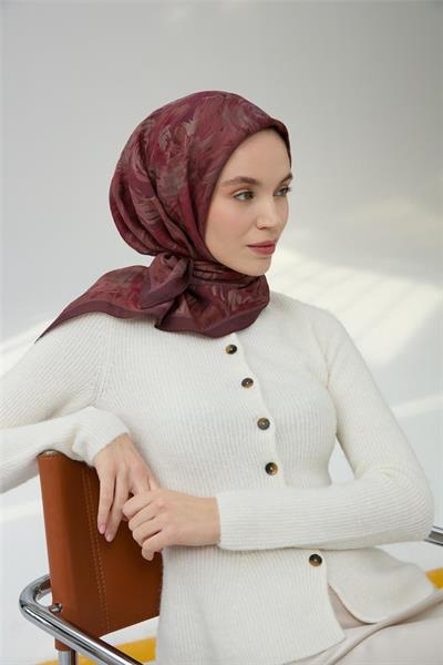 Viskon Velora Eşarp Patlıcan Moru Desenli Yumuşak Dokulu 90x90