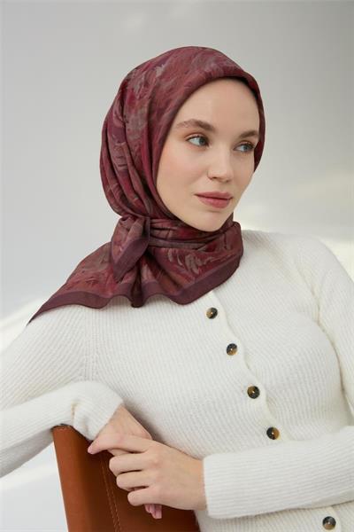 Viskon Velora Eşarp Patlıcan Moru Desenli Yumuşak Dokulu 90x90