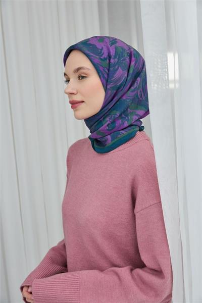 Viskon Velora Eşarp Petrol Mavi Desenli Tok Duruşlu Dört Mevsim 90x90