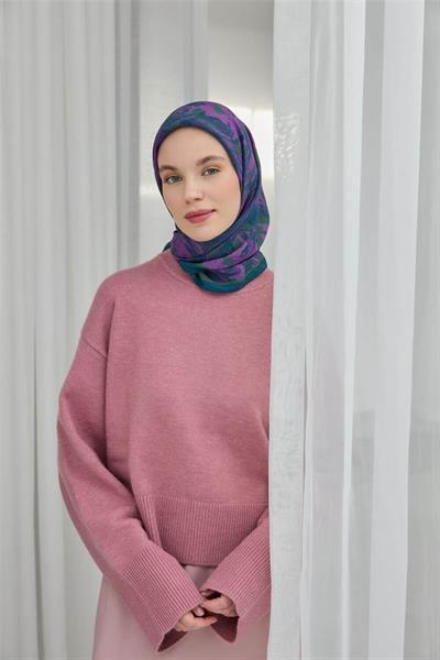 Viskon Velora Eşarp Petrol Mavi Desenli Tok Duruşlu Dört Mevsim 90x90