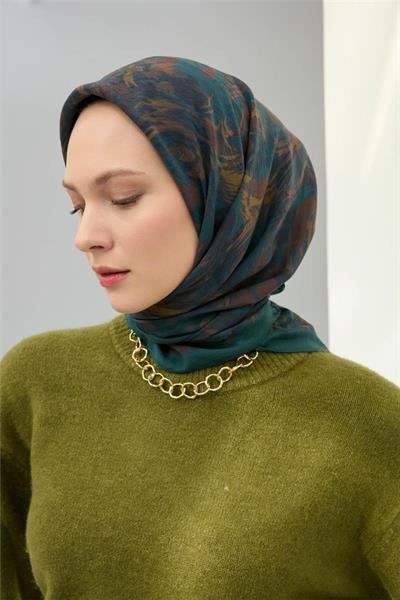 Viskon Velora Eşarp Petrol Yeşili Desenli Tok Duruşlu Dört Mevsim 90x90