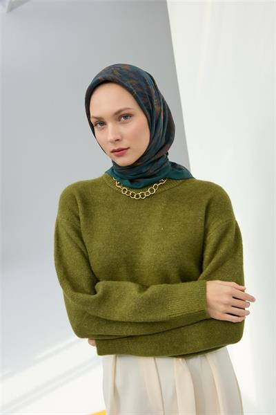 Viskon Velora Eşarp Petrol Yeşili Desenli Tok Duruşlu Dört Mevsim 90x90