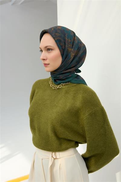 Viskon Velora Eşarp Petrol Yeşili Desenli Tok Duruşlu Dört Mevsim 90x90