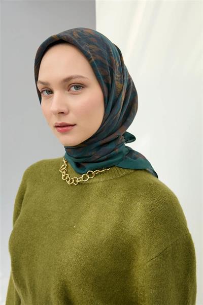Viskon Velora Eşarp Petrol Yeşili Desenli Tok Duruşlu Dört Mevsim 90x90