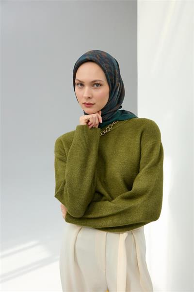 Viskon Velora Eşarp Petrol Yeşili Desenli Tok Duruşlu Dört Mevsim 90x90