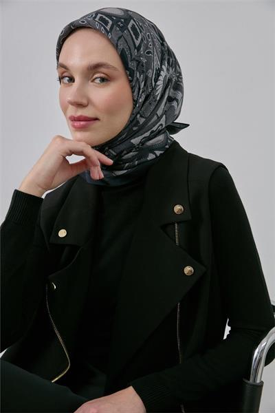 Viskon Velora Eşarp Siyah-Gri Desenli Kaymaz Tok Duruşlu 90x90