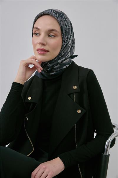 Viskon Velora Eşarp Siyah-Gri Desenli Kaymaz Tok Duruşlu 90x90