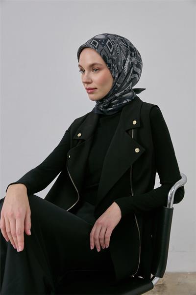 Viskon Velora Eşarp Siyah-Gri Desenli Kaymaz Tok Duruşlu 90x90