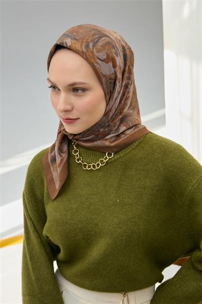 Viskon Velora Eşarp Sütlü Kahve Vizon Desenli Yumuşak Dokulu Tok Duruşlu 90x90