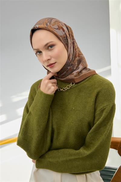 Viskon Velora Eşarp Sütlü Kahve Vizon Desenli Yumuşak Dokulu Tok Duruşlu 90x90