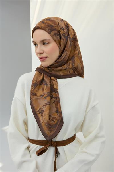 Viskon Velora Eşarp Toprak Antrasit Desenli Yumuşak Dokulu Tok Duruşlu 90x90