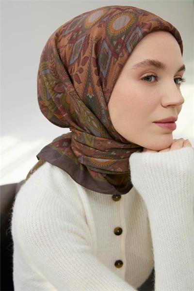 Viskon Velora Eşarp Toprak Çok Renkli Desenli Tok Duruşlu 90x90