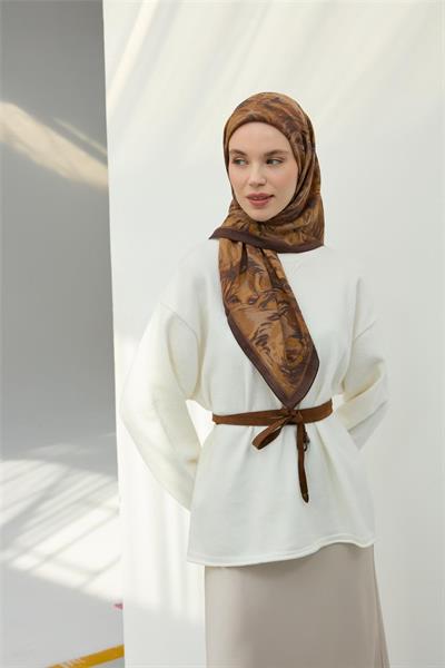 Viskon Velora Eşarp Toprak Antrasit Desenli Yumuşak Dokulu Tok Duruşlu 90x90