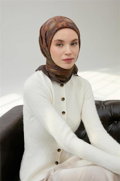 Viskon Velora Eşarp Toprak Çok Renkli Desenli Tok Duruşlu 90x90