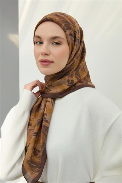 Viskon Velora Eşarp Toprak Antrasit Desenli Yumuşak Dokulu Tok Duruşlu 90x90