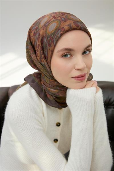 Viskon Velora Eşarp Toprak Çok Renkli Desenli Tok Duruşlu 90x90