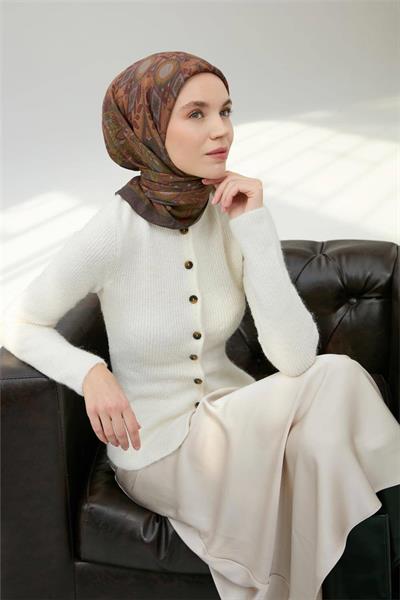 Viskon Velora Eşarp Toprak Çok Renkli Desenli Tok Duruşlu 90x90