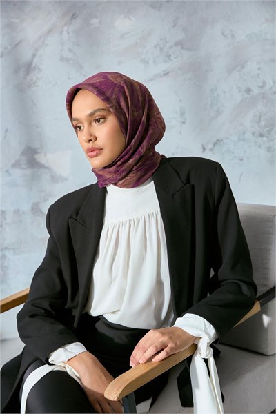 Viskon Velora Eşarp Violet-Camel Tonlu Desenli Tok Duruşlu Kaymaz 90X90