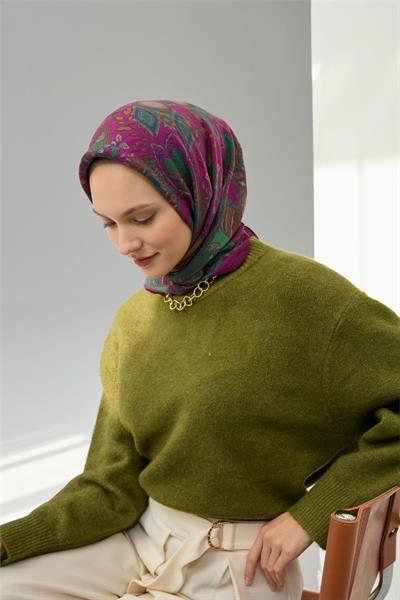 Viskon Velora Eşarp Violet Desenli Tok Duruşlu Dört Mevsim 90x90