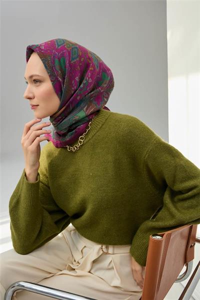 Viskon Velora Eşarp Violet Desenli Tok Duruşlu Dört Mevsim 90x90