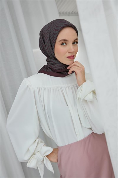 Viskon Velora Eşarp Vişne Gri Çizgili Hafif Dökümlü 90X90