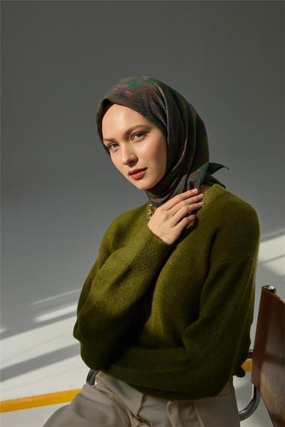 Viskon Velora Eşarp Yeşil Desenli Tok Duruşlu Dört Mevsim 90x90