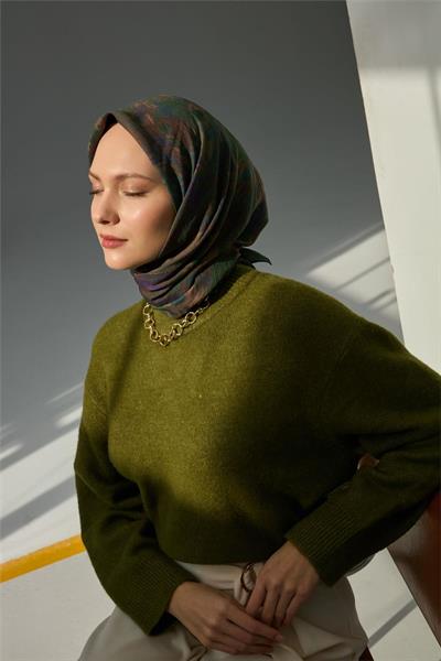 Viskon Velora Eşarp Yeşil Desenli Tok Duruşlu Dört Mevsim 90x90