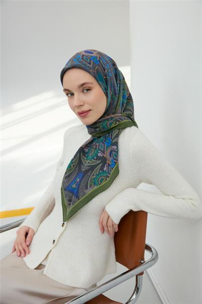 Viskon Velora Eşarp Yeşil Çok Renkli Desenli Tok Duruşlu 90x90